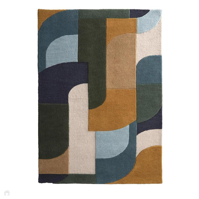 Retro Deco Modern Curved Layered Geometric Colour Block Hand-Woven Wool Teal Blue/Navy Blue/Mustard/Olive/Sky Blue/Beige/Soft Ivory Rug-Origins-Rug Love - The Most Loved Rug Store