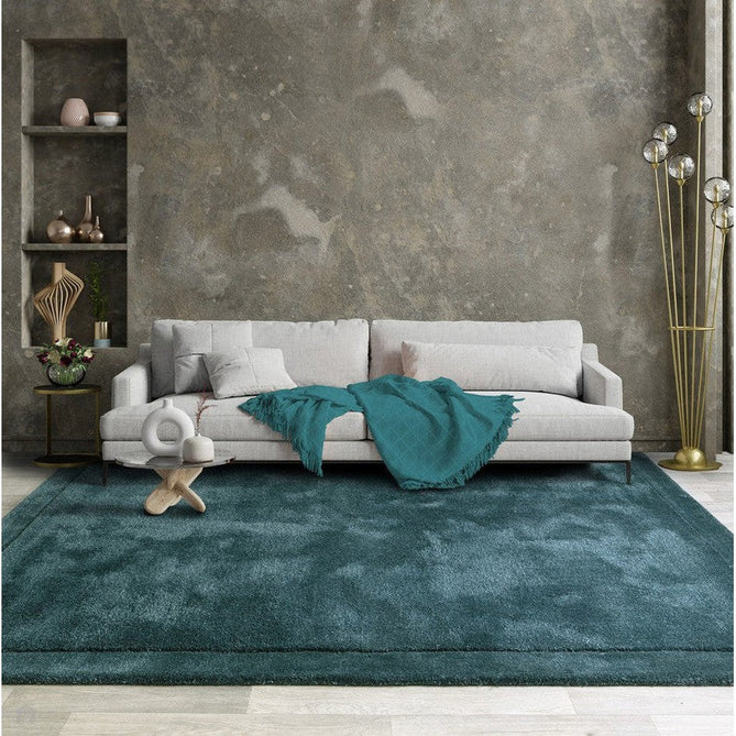 Rise Modern Plain Hi-Low Border Tonal Shimmer Hand-Carved High-Density Heavyweight Wool & Viscose Blend Teal Rug-Asiatic Carpets-Rug Love - The Most Loved Rug Store