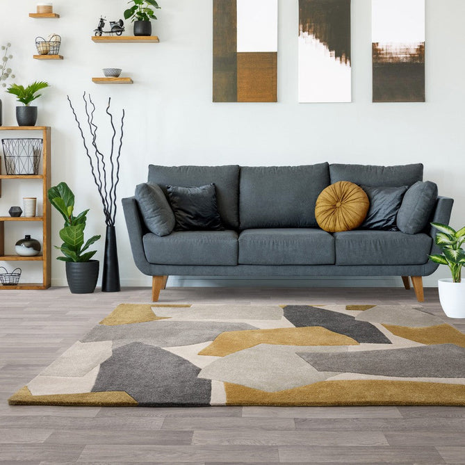 Romy 10 Element Modern Irregular Overlapping Geometric Shapes Hand-Woven Soft Wool-Feel Eco Fibre Ochre/Grey/Ivory Rug-Asiatic Carpets-Rug Love - The Most Loved Rug Store