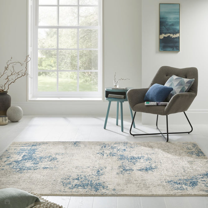 Rossa ROS03 Modern Abstract Distressed Durable Easy-Care Ribbed Textured Low Profile Short Pile Ivory/Blue Rug-Concept Looms-Rug Love - The Most Loved Rug Store