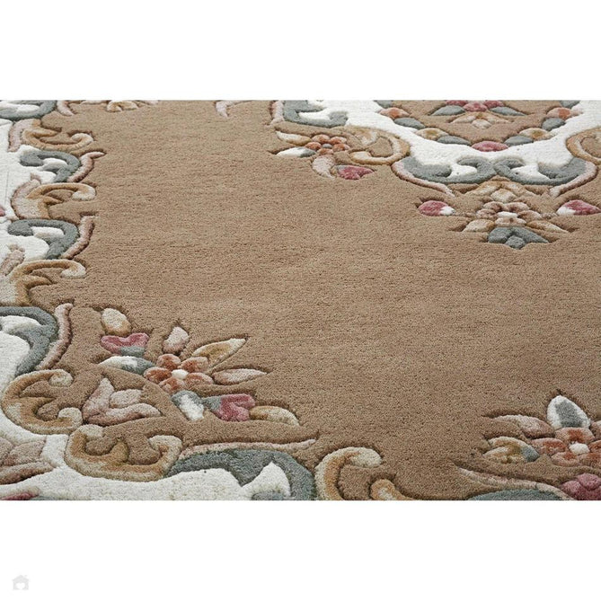 Royal Traditional Floral Aubusson Medallion Border French-Style Hand-Carved Hi-Low Textured Soft Durable Wool Beige Round Rug-Melrose-Rug Love - The Most Loved Rug Store