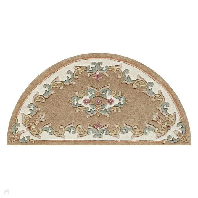 Royal Traditional Floral Aubusson Medallion Border French-Style Hand-Carved Hi-Low Textured Soft Durable Wool Beige Round Rug-Melrose-Rug Love - The Most Loved Rug Store