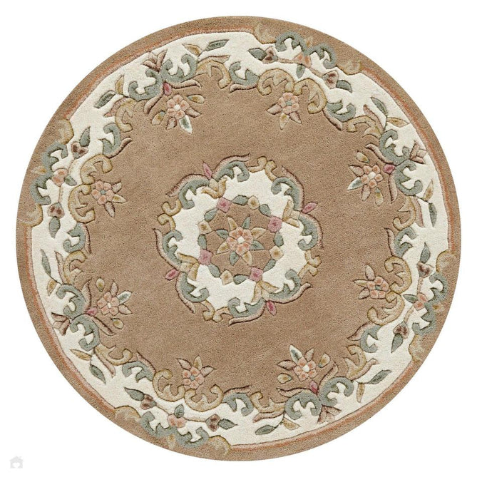 Royal Traditional Floral Aubusson Medallion Border French-Style Hand-Carved Hi-Low Textured Soft Durable Wool Beige Round Rug-Melrose-Rug Love - The Most Loved Rug Store