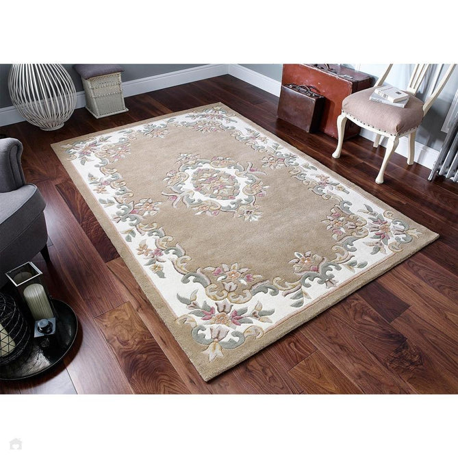 Royal Traditional Floral Aubusson Medallion Border French-Style Hand-Carved Hi-Low Textured Soft Durable Wool Beige Round Rug-Melrose-Rug Love - The Most Loved Rug Store