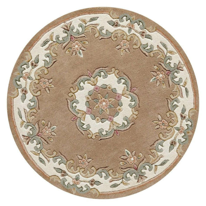 Royal Traditional Floral Aubusson Medallion Border French-Style Hand-Carved Hi-Low Textured Soft Durable Wool Beige Round Rug-Melrose-Rug Love - The Most Loved Rug Store