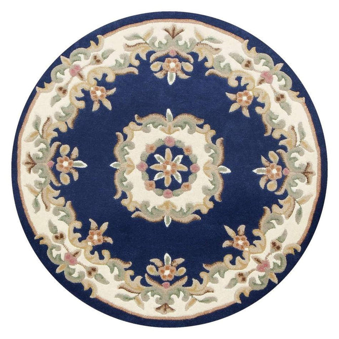 Royal Traditional Floral Aubusson Medallion Border French-Style Hand-Carved Hi-Low Textured Soft Durable Wool Blue Round Rug-Melrose-Rug Love - The Most Loved Rug Store