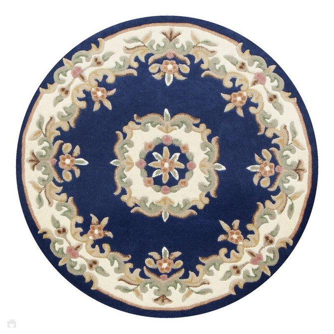 Royal Traditional Floral Aubusson Medallion Border French-Style Hand-Carved Hi-Low Textured Soft Durable Wool Blue Round Rug-Melrose-Rug Love - The Most Loved Rug Store