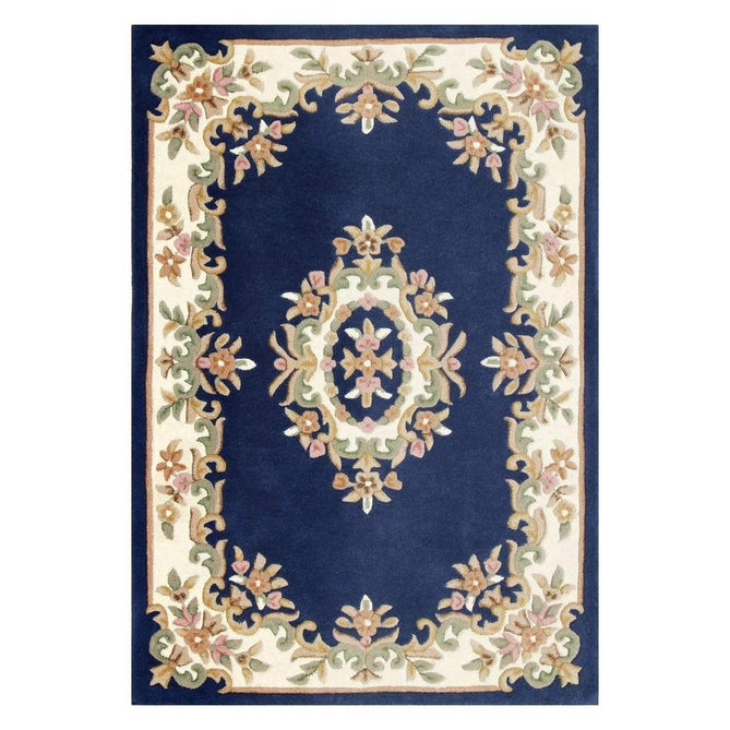 Royal Traditional Floral Aubusson Medallion Border French-Style Hand-Carved Hi-Low Textured Soft Durable Wool Blue Rug-Melrose-Rug Love - The Most Loved Rug Store