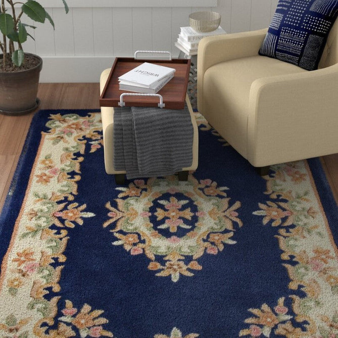 Royal Traditional Floral Aubusson Medallion Border French-Style Hand-Carved Hi-Low Textured Soft Durable Wool Blue Rug-Melrose-Rug Love - The Most Loved Rug Store