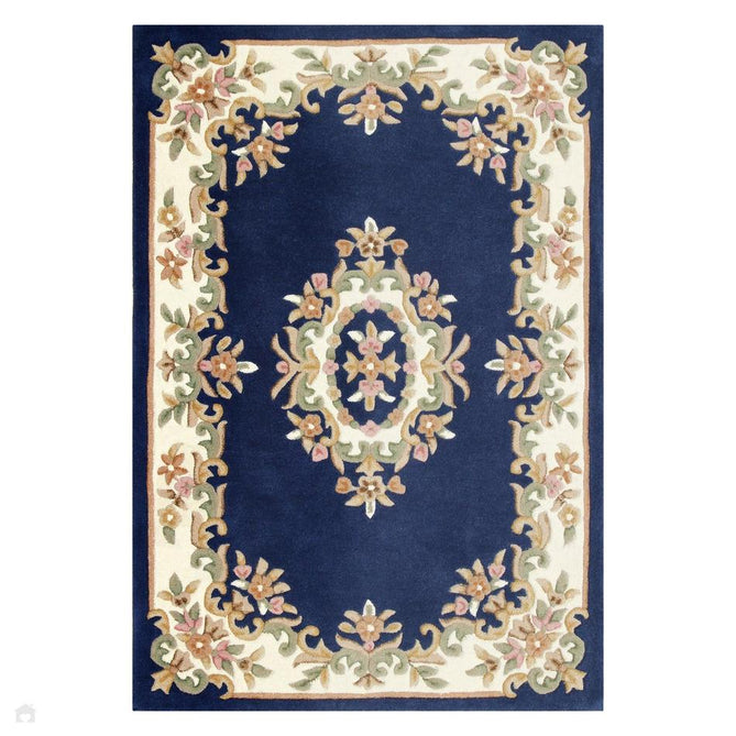Royal Traditional Floral Aubusson Medallion Border French-Style Hand-Carved Hi-Low Textured Soft Durable Wool Blue Rug-Melrose-Rug Love - The Most Loved Rug Store