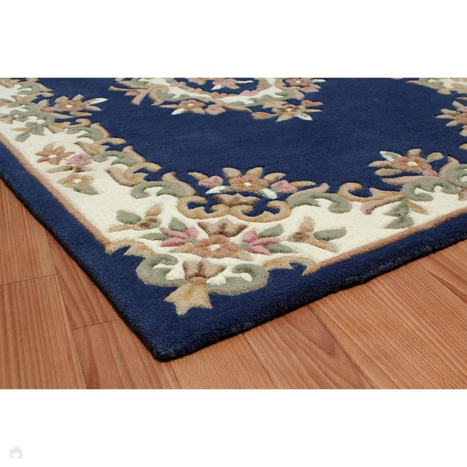Royal Traditional Floral Aubusson Medallion Border French-Style Hand-Carved Hi-Low Textured Soft Durable Wool Blue Runner-Melrose-Rug Love - The Most Loved Rug Store