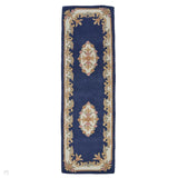 Royal Traditional Floral Aubusson Medallion Border French-Style Hand-Carved Hi-Low Textured Soft Durable Wool Blue Runner