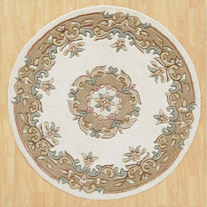 Royal Traditional Floral Aubusson Medallion Border French-Style Hand-Carved Hi-Low Textured Soft Durable Wool Cream/Beige Round Rug-Melrose-Rug Love - The Most Loved Rug Store