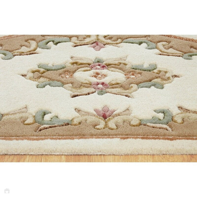 Royal Traditional Floral Aubusson Medallion Border French-Style Hand-Carved Hi-Low Textured Soft Durable Wool Cream/Beige Round Rug-Melrose-Rug Love - The Most Loved Rug Store