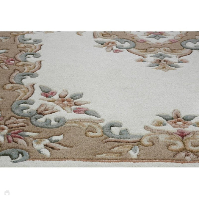 Royal Traditional Floral Aubusson Medallion Border French-Style Hand-Carved Hi-Low Textured Soft Durable Wool Cream/Beige Round Rug-Melrose-Rug Love - The Most Loved Rug Store