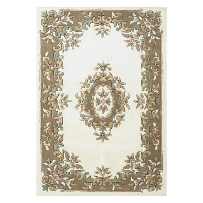 Royal Traditional Floral Aubusson Medallion Border French-Style Hand-Carved Hi-Low Textured Soft Durable Wool Cream/Beige Rug-Melrose-Rug Love - The Most Loved Rug Store
