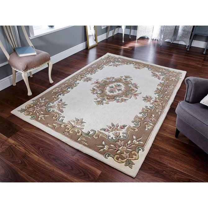 Royal Traditional Floral Aubusson Medallion Border French-Style Hand-Carved Hi-Low Textured Soft Durable Wool Cream/Beige Rug-Melrose-Rug Love - The Most Loved Rug Store