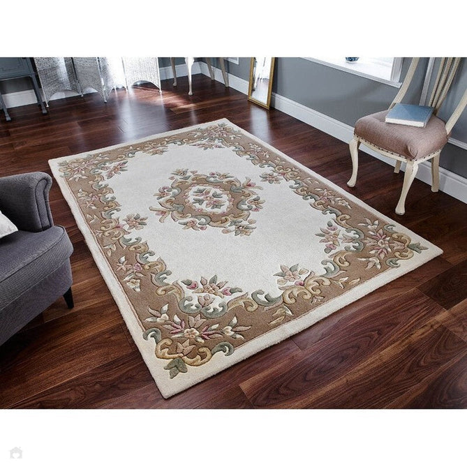 Royal Traditional Floral Aubusson Medallion Border French-Style Hand-Carved Hi-Low Textured Soft Durable Wool Cream/Beige Rug-Melrose-Rug Love - The Most Loved Rug Store