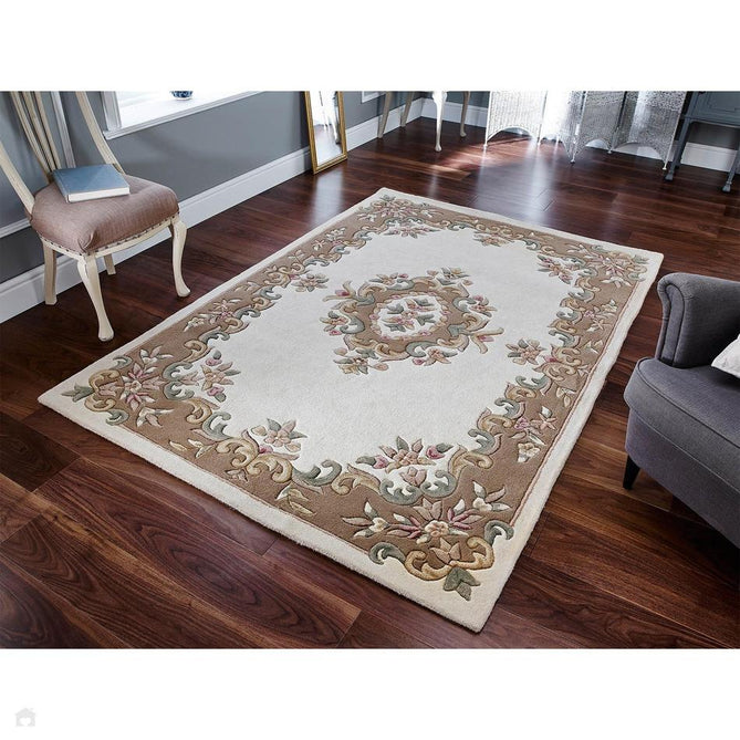 Royal Traditional Floral Aubusson Medallion Border French-Style Hand-Carved Hi-Low Textured Soft Durable Wool Cream/Beige Runner-Melrose-Rug Love - The Most Loved Rug Store