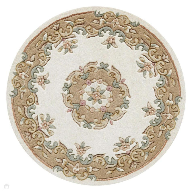 Royal Traditional Floral Aubusson Medallion Border French-Style Hand-Carved Hi-Low Textured Soft Durable Wool Cream/Beige Runner-Melrose-Rug Love - The Most Loved Rug Store