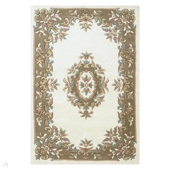 Royal Traditional Floral Aubusson Medallion Border French-Style Hand-Carved Hi-Low Textured Soft Durable Wool Cream/Beige Runner-Melrose-Rug Love - The Most Loved Rug Store