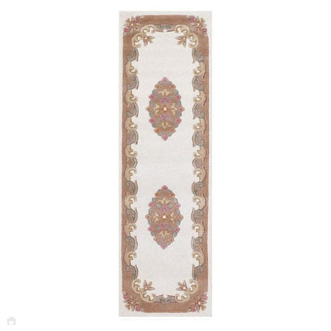 Royal Traditional Floral Aubusson Medallion Border French-Style Hand-Carved Hi-Low Textured Soft Durable Wool Cream/Beige Runner-Melrose-Rug Love - The Most Loved Rug Store