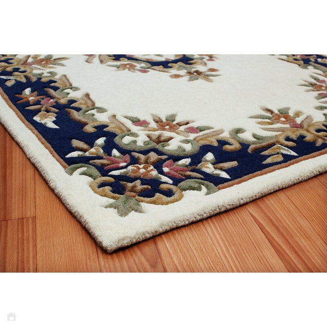 Royal Traditional Floral Aubusson Medallion Border French-Style Hand-Carved Hi-Low Textured Soft Durable Wool Cream/Blue Half Moon Rug-Melrose-Rug Love - The Most Loved Rug Store