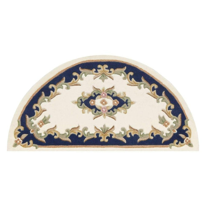 Royal Traditional Floral Aubusson Medallion Border French-Style Hand-Carved Hi-Low Textured Soft Durable Wool Cream/Blue Half Moon Rug-Melrose-Rug Love - The Most Loved Rug Store