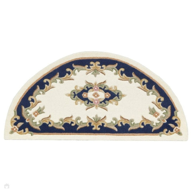 Royal Traditional Floral Aubusson Medallion Border French-Style Hand-Carved Hi-Low Textured Soft Durable Wool Cream/Blue Half Moon Rug-Melrose-Rug Love - The Most Loved Rug Store