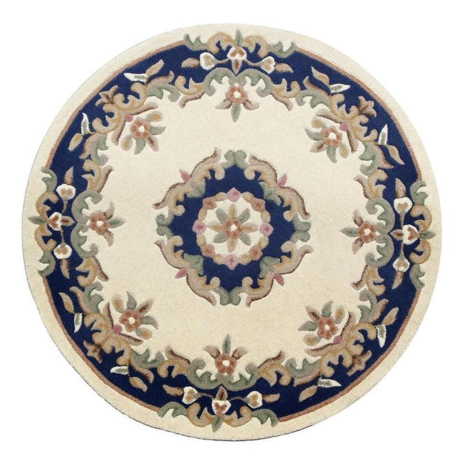 Royal Traditional Floral Aubusson Medallion Border French-Style Hand-Carved Hi-Low Textured Soft Durable Wool Cream/Blue Round Rug-Melrose-Rug Love - The Most Loved Rug Store