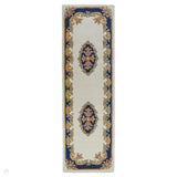 Royal Traditional Floral Aubusson Medallion Border French-Style Hand-Carved Hi-Low Textured Soft Durable Wool Cream/Blue Runner