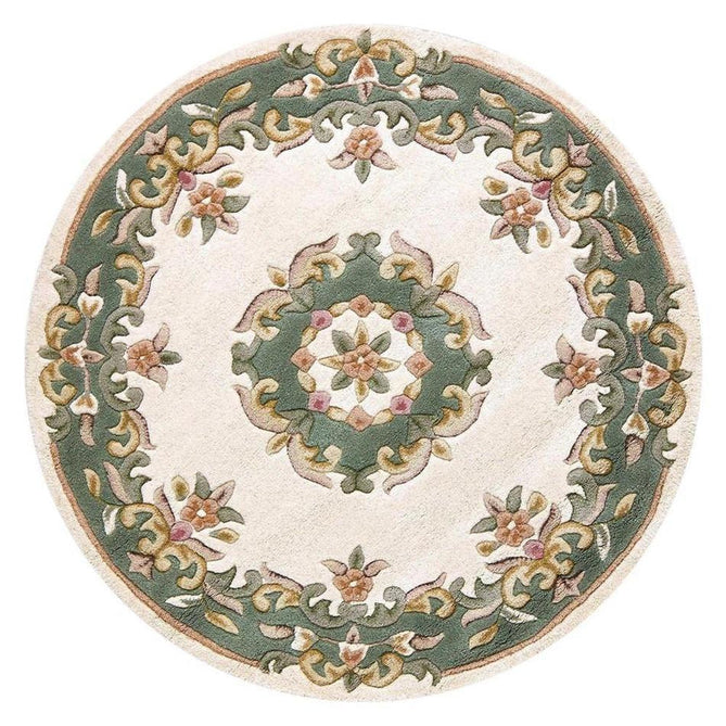 Royal Traditional Floral Aubusson Medallion Border French-Style Hand-Carved Hi-Low Textured Soft Durable Wool Cream/Green Round Rug-Melrose-Rug Love - The Most Loved Rug Store