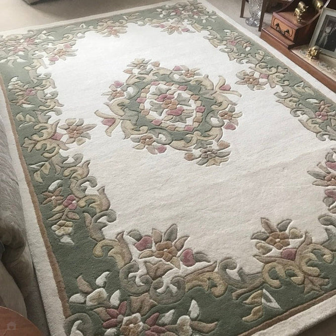 Royal Traditional Floral Aubusson Medallion Border French-Style Hand-Carved Hi-Low Textured Soft Durable Wool Cream/Green Rug-Melrose-Rug Love - The Most Loved Rug Store