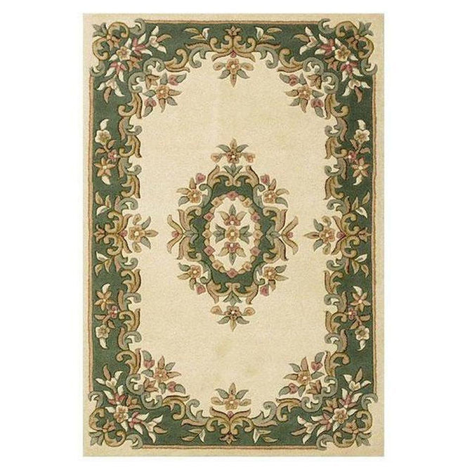 Royal Traditional Floral Aubusson Medallion Border French-Style Hand-Carved Hi-Low Textured Soft Durable Wool Cream/Green Rug-Melrose-Rug Love - The Most Loved Rug Store