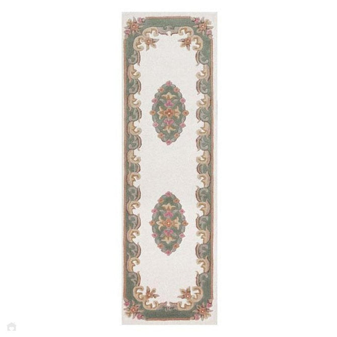 Royal Traditional Floral Aubusson Medallion Border French-Style Hand-Carved Hi-Low Textured Soft Durable Wool Cream/Green Runner-Melrose-Rug Love - The Most Loved Rug Store
