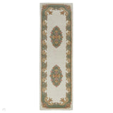 Royal Traditional Floral Aubusson Medallion Border French-Style Hand-Carved Hi-Low Textured Soft Durable Wool Cream/Green Runner