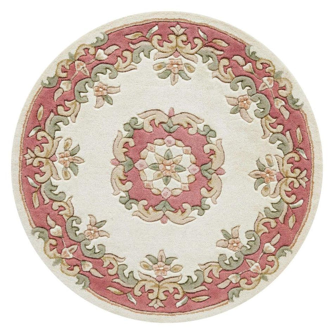 Royal Traditional Floral Aubusson Medallion Border French-Style Hand-Carved Hi-Low Textured Soft Durable Wool Cream/Pink Round Rug-Melrose-Rug Love - The Most Loved Rug Store