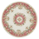 Royal Traditional Floral Aubusson Medallion Border French-Style Hand-Carved Hi-Low Textured Soft Durable Wool Cream/Pink Round Rug