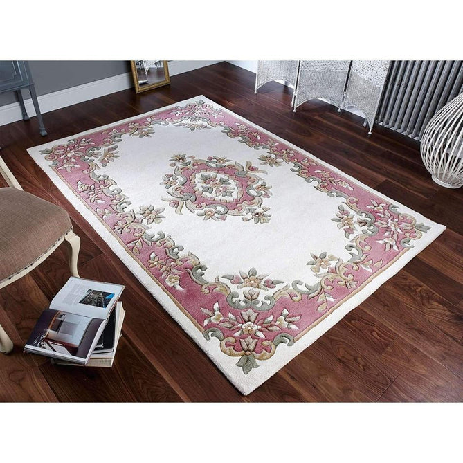 Royal Traditional Floral Aubusson Medallion Border French-Style Hand-Carved Hi-Low Textured Soft Durable Wool Cream/Pink Rug-Melrose-Rug Love - The Most Loved Rug Store