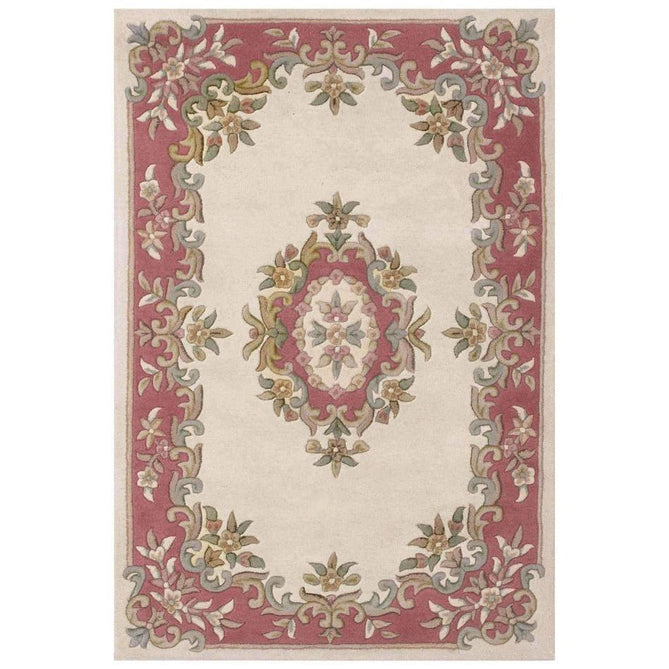Royal Traditional Floral Aubusson Medallion Border French-Style Hand-Carved Hi-Low Textured Soft Durable Wool Cream/Pink Rug-Melrose-Rug Love - The Most Loved Rug Store