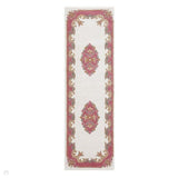 Royal Traditional Floral Aubusson Medallion Border French-Style Hand-Carved Hi-Low Textured Soft Durable Wool Cream/Pink Runner