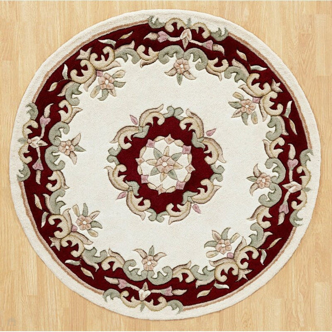 Royal Traditional Floral Aubusson Medallion Border French-Style Hand-Carved Hi-Low Textured Soft Durable Wool Cream/Red Round Rug-Melrose-Rug Love - The Most Loved Rug Store