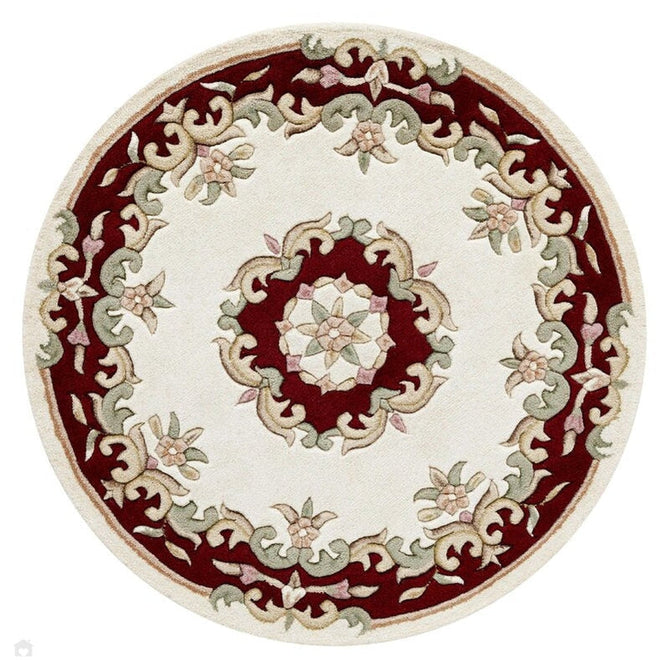 Royal Traditional Floral Aubusson Medallion Border French-Style Hand-Carved Hi-Low Textured Soft Durable Wool Cream/Red Round Rug-Melrose-Rug Love - The Most Loved Rug Store
