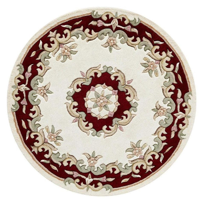 Royal Traditional Floral Aubusson Medallion Border French-Style Hand-Carved Hi-Low Textured Soft Durable Wool Cream/Red Round Rug-Melrose-Rug Love - The Most Loved Rug Store