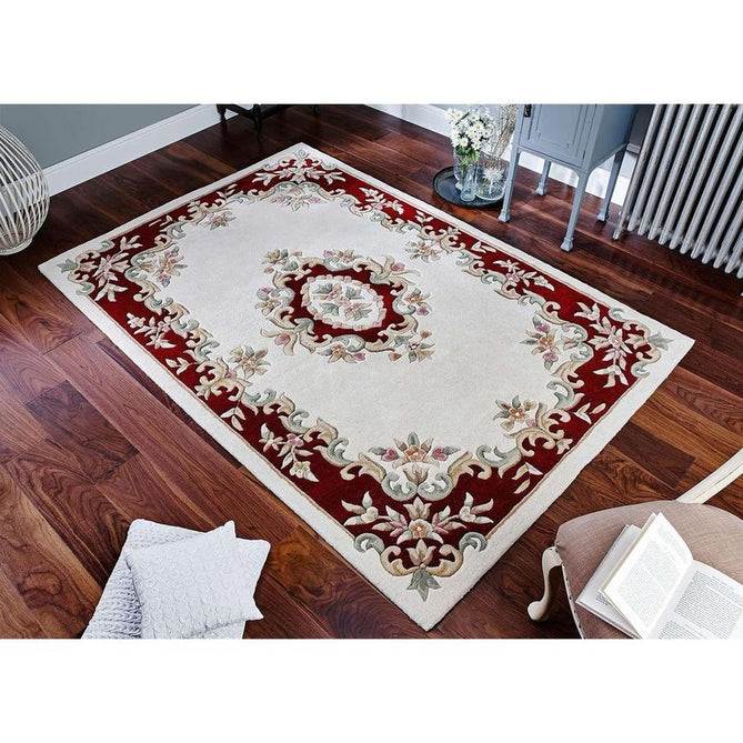 Royal Traditional Floral Aubusson Medallion Border French-Style Hand-Carved Hi-Low Textured Soft Durable Wool Cream/Red Rug-Melrose-Rug Love - The Most Loved Rug Store