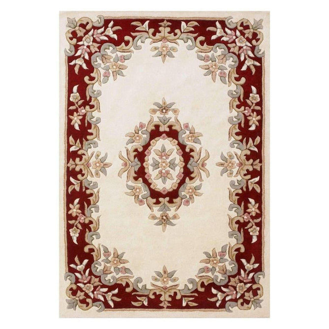 Royal Traditional Floral Aubusson Medallion Border French-Style Hand-Carved Hi-Low Textured Soft Durable Wool Cream/Red Rug-Melrose-Rug Love - The Most Loved Rug Store