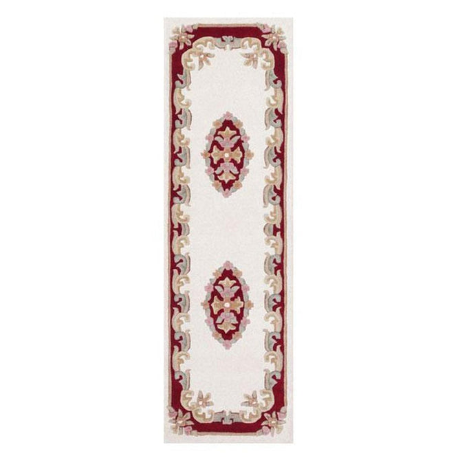 Royal Traditional Floral Aubusson Medallion Border French-Style Hand-Carved Hi-Low Textured Soft Durable Wool Cream/Red Runner-Melrose-Rug Love - The Most Loved Rug Store