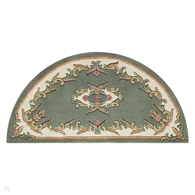 Royal Traditional Floral Aubusson Medallion Border French-Style Hand-Carved Hi-Low Textured Soft Durable Wool Green Half Moon Rug-Melrose-Rug Love - The Most Loved Rug Store