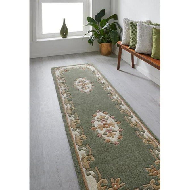 Royal Traditional Floral Aubusson Medallion Border French-Style Hand-Carved Hi-Low Textured Soft Durable Wool Green Round Rug-Melrose-Rug Love - The Most Loved Rug Store