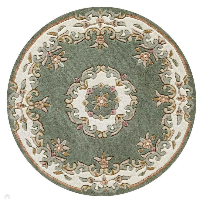 Royal Traditional Floral Aubusson Medallion Border French-Style Hand-Carved Hi-Low Textured Soft Durable Wool Green Round Rug-Melrose-Rug Love - The Most Loved Rug Store